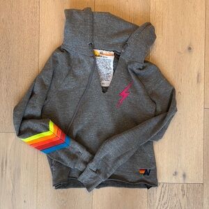 Aviator Nation Grey Hoodie with Rainbow Chevron Sleeve and Pink Bolt